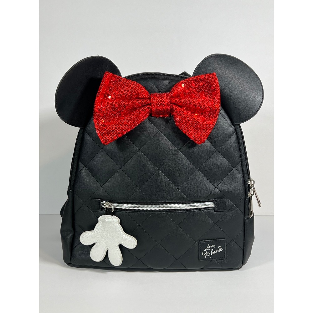 Disney Minnie Mouse Quilted Mini Backpack Black Faux Leather Red Sequin Bow Ear